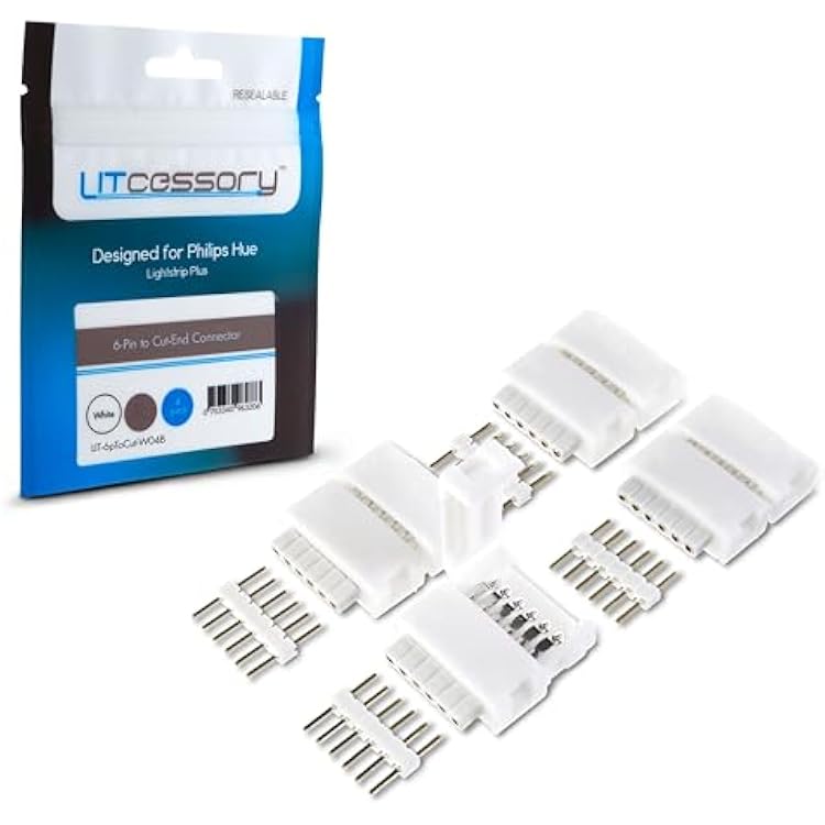 Litcessory 6-Pin to Cut-End Connector Compatible with Philips Hue Light Strip Plus, Hue Bridge & Smart LED Strip Lights LED Strip Connector for Custom Lighting 4 Pack, White - Standard 6-PIN V3