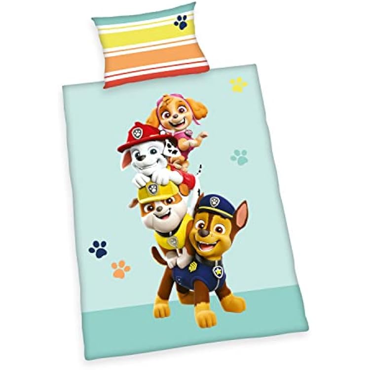 Herding Paw Patrol Bedding Set, Made in Green, Pillowcase 40 x 60 cm with Wallet Opening, Duvet Cover 100 x 135 cm, with Button Closure, 100% CottonFlannel