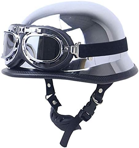 German Style Motorcycle Helmet ABS Shell Retro 1/2 Vintage Open Face Skull Hat Helmet Moped Moto Chopper Chrome Scooter Half Helmets+Pilot Goggles, Mirror Chrome Silver, DOT Approved S-XXL