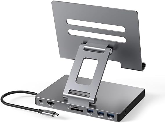 iPad Pro USB C Hub, Adapter for iPad Pro M4 M2 M1 13 12.9 11 Inch iPad Air Docking Station Foldable with 4K 60Hz HDMI, PD Charging, SD/TF Card Reader, 3 USB 3.0, 3.5 mm Audio, iPad Dock stand