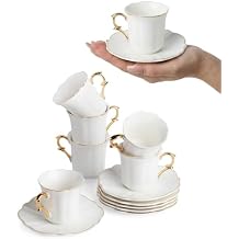 BTaT- Turkish Coffee Cup Set, 3 oz, 6 Set (12 pcs), Elegant White Cups & Saucers with Gold Trim, Small Porcelain Espresso Set for Serving Greek, Arabic & Turkish Coffee, Gift Giving