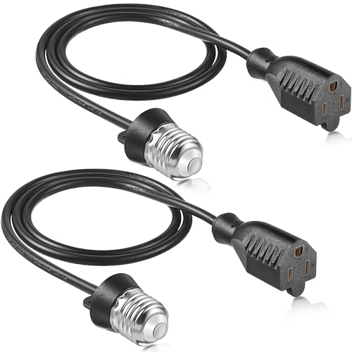 3 Outlet Light Socket Adapter, Convert E26E27 Bulb Socket to 3 Prong Outlet with Extension Cord, Flexible Light Bulb Plug Converter Suitable for Indoor Outdoor Porch Garage Patio UseBlack,2 Pcs