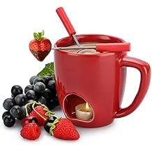 BSTKEY 230ML Personal Chocolate Fondue Mug Set, Ceramic Butter Warmer Set, Mini Melt Hot Pot Cup Set for Cheese Chocolate Butter Caramel, with 2 Forks (Red)