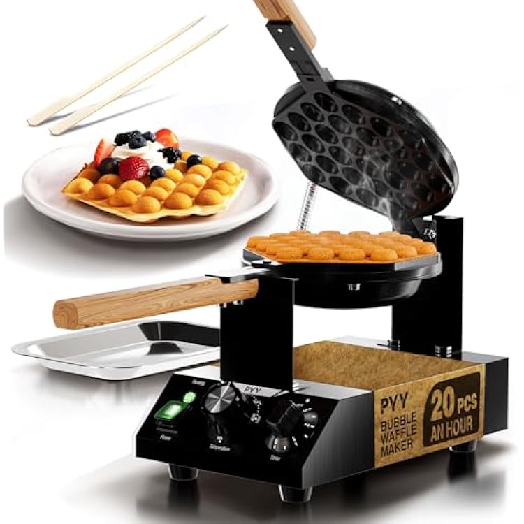 PYY Bubble Waffle Maker 1500W Commercial Egg Puff Waffle Iron, 180 Rotating, Non-Stick Coating, Wooden Handle & Crumb Tray, Hong Kong Round Cones, Stainless Steel