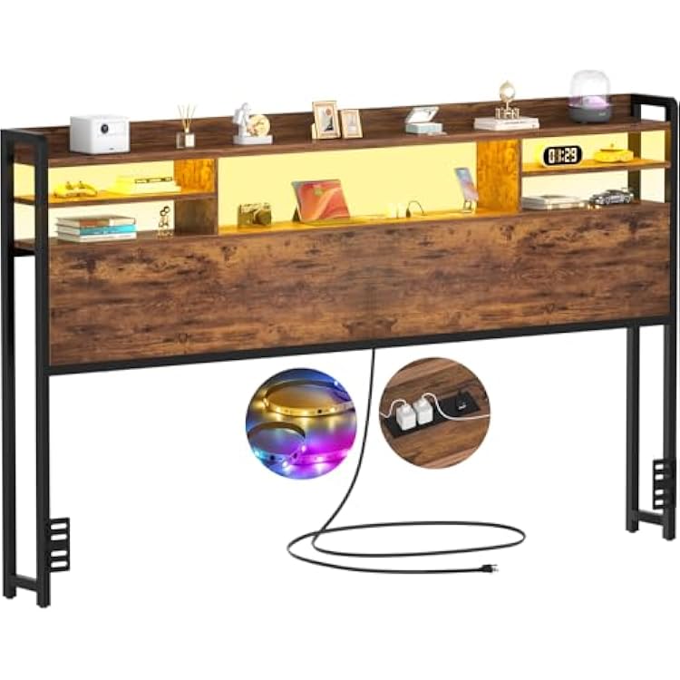 Aheaplus Headboard for King Size Bed with Storage, Headboards with LED Light, Power Outlets, USB Ports King Size Head Board, Wood headboard Only Sturdy and Stable Headboards, Modern, Rustic Brown