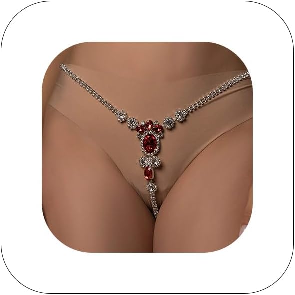 Sexy Red Rhinestone Panties Thong Crystal Waist Belly Bikini Body Chain Jewelry Rhinestone Underwear G-String Chain for Women (Silver 1)