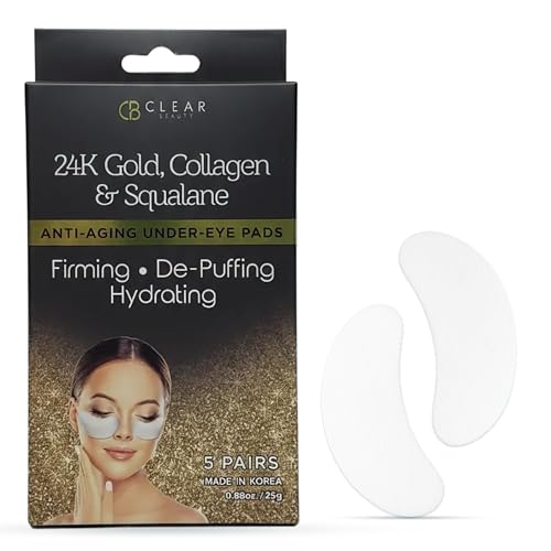 Clear Beauty, 24K Gold & Collagen Under Eye Patches For Dark Circles & Puffy Eyes Firming & Hydrating With Squalane Dermatologist Tested, Anti-Aging, Korean Skin Care Clean Beauty 5 Pairs