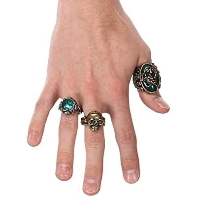 Disney Jack Sparrow Ring Accessory Set - Set of 3 Adjustable Rings with Faux Gems, Officially Licensed Standard