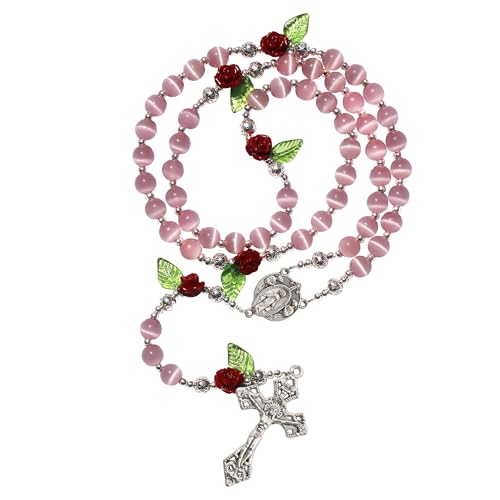 8mm White Cats Eye Beads Catholic Rosary Necklace with Coral Rose Glory Beads in Virgin Mary PU Leather Bag for Women