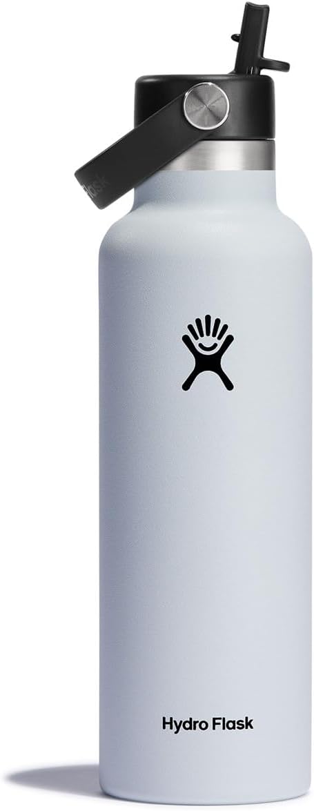 HYDRO FLASK - Water Bottle 621 ml (21 oz) - Vacuum Insulated Stainless Steel Water Bottle with Flex Straw Cap - BPA-Free - Standard Mouth - White