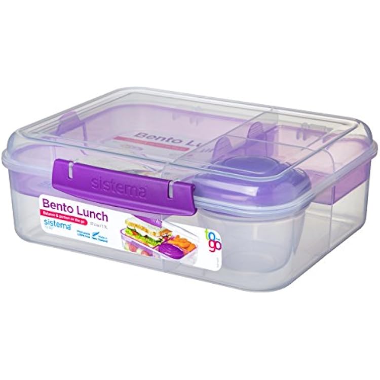 Sistema Bento Box Adult Lunch Box with 2 Compartments, Sandwhich Container, and Salad Dressing Container, Dishwasher Safe, Color May Vary
