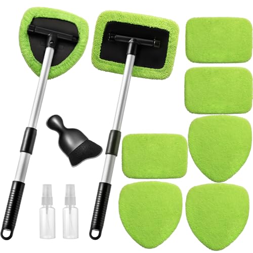 11pcs Windshield Cleaner Tool, Car Window Cleaning Wash Kit with 6 Reusable Microfiber Pads 2 Spray Bottles and Extendable Handles Auto Glass Wiper Kit, Green