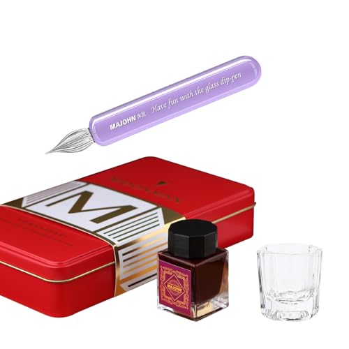 Majohn Crystal Glass Dip Pen Glass Pen Kit Vintage Calligraphy Signatures Pen with Bottle Ink and Cleaning Cup, Purple