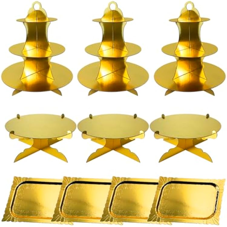 7Pcs Gold Cupcake Stand Set, Dessert Table Display Set, Tiered Cupcake Tower with Various Heights and Shapes, Candy Fruit Serving Tower Platter Plate Tray for Baby Shower Wedding Birthday Party