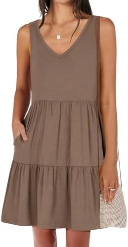 Tank Dress for Women Trendy V Neck Sleeveless Mini Dresses Summer Loose Fit Pleated Tiered Tummy Control Sundress