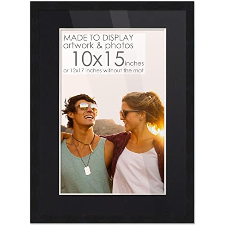 10x15 Frame Black Wood with Black Mat | 12x17 Frame Matted to 10x15 | Display Your Picture Under UV Acrylic Shatter Guard Front, with Foam Board Backing and Wall Hanging Hardware - Gallery Wood Frame