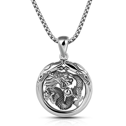 Dankadi Gift Mens 100% 925 Sterling Silver Dragon Circle Pendant Necklace 18-28 Inches Solid Silver Chain Fashion Fine Jewelry- Italy