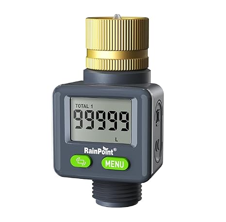 Rainpoint Water Flow Meter with Brass Inlet, 180Screen-Flip Garden Hose Flow Meter, Measure up to 9999.9 Gallon/Liter Consumption & Flow Rate for RV, Garden Hose, Sprinkler & Nozzle Sprayer