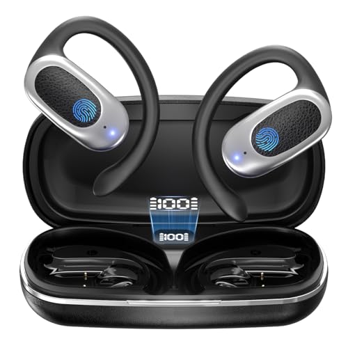Open Ear Wireless Headphones Air Conduction Earbuds with Mic 42H Playtime Clear Calls LED Digital Display Over Earphones Lightweight Waterproof Secure Earhooks for PC Sports Running Game Business Work