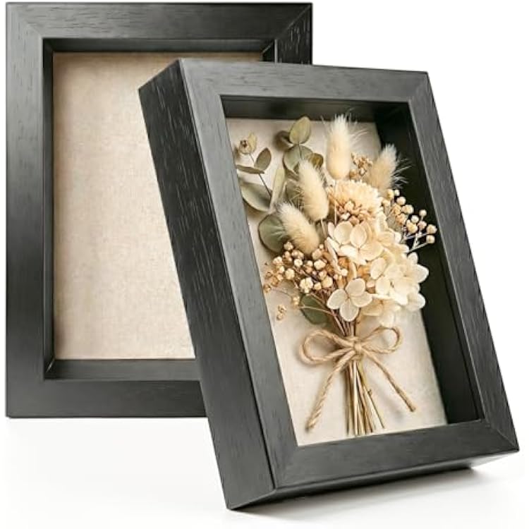 5x7 Shadow Box Frame Set of 2, Black Deep Display Case with Soft Linen Board, 1.77 Outer Depth 1 Inner for Memorabilia, Pins, Dried Flowers, Medals, Wall Decor
