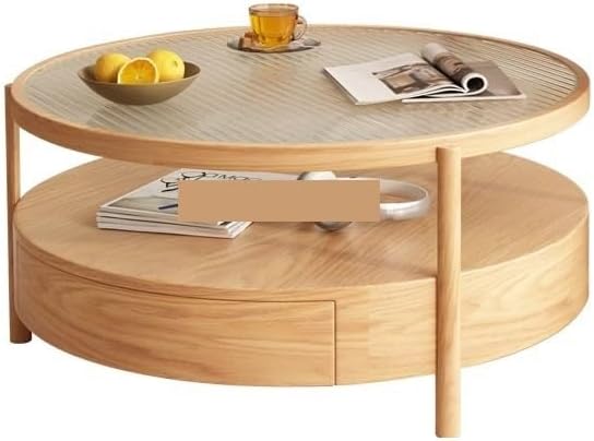 Coffeetable Coffee Table Living Room Household Small Double-layer Solid Wood Round Side Table Japanese Glass Tea Table Coffee Tables For Living Room(A)