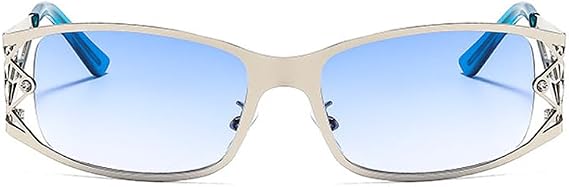 Y2K Sunglasses for Women Men Aesthetics 2000s Accessories Square Glasses Metal Frame Wrap Around Shades (silver blue)