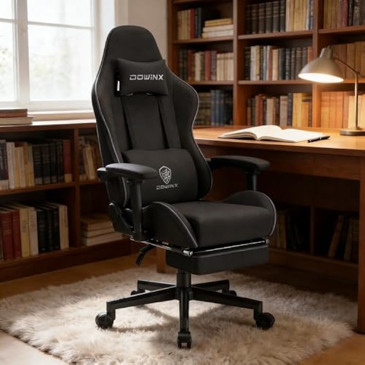 Dowinx Gaming Chair Fabric with Coil Spring Cushion, Ergonomic Game Chair for Adults with Footrest and Massage Lumbar Support, Cloth Computer Office Chair 350LBS, Black