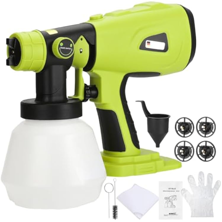 Cordless Paint Sprayer for Ryobi One Plus 18V Li-ion Battery,200W HVLP Brushless Motor Handheld Paint Sprayer Gun with 4 Size Nozzles 3 Patterns for Furniture Walls Fence DoorNo Battery