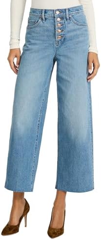 EXPRESS Womens Wide-Leg Ankle Jeans High Waisted Stretch Denim with Raw Hem Detail Medium Wash