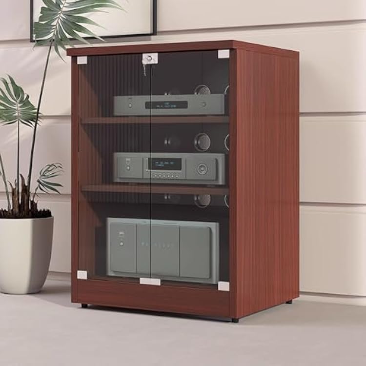 Media Stand 23 Tier AV Stereo Cabinet, Wood Media Audio Rack with Tempered Glass Doors, Adjustable Shelf, Reserved Wire Holes, for EntertainmentTeak Color,80cm31.5in