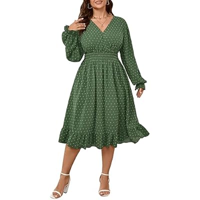 SHESTARR Womens Plus Size Fall Dress Long Sleeve V Neck Smocked Swiss Dot Flowy High Waisted A Line Ruffle Midi Dress