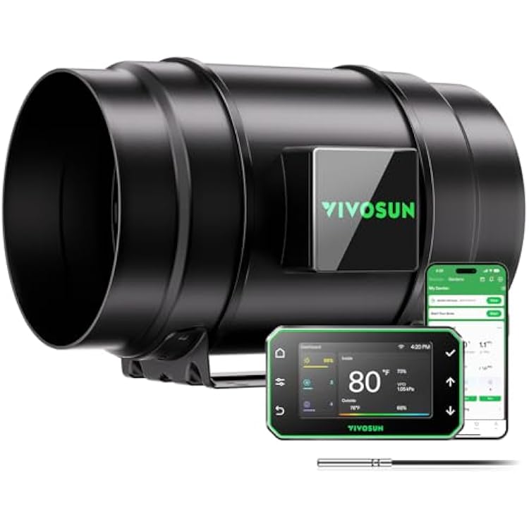 VIVOSUN G8 8 Inline Duct Fan & Temperature Humidity Controller, E42A WiFi-App Control AeroZesh Grow Tent Fan& Smart Thermostat, 725 CFM EC Motor Exhaust Fan for Heating Cooling, Greenhouse Accessory