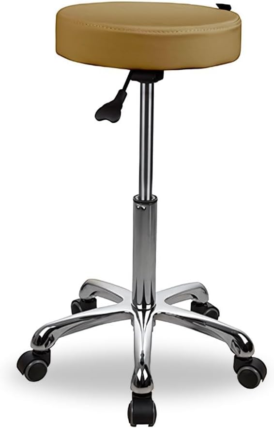 Silver Fox Button Rolling Stool 1023A Backless Flat Stool with Smooth Glide Wheels & Adjustable Height (Tan)