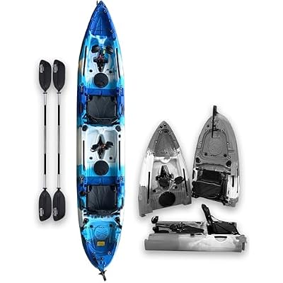 Brooklyn 13.0 Tandem 3-Piece Modular Kayak by BKC, 2-Person Sit-on-Top Kayak, Dual Flipper Drives, Rudder Steering, Rod Holders, Ample Dry Storage