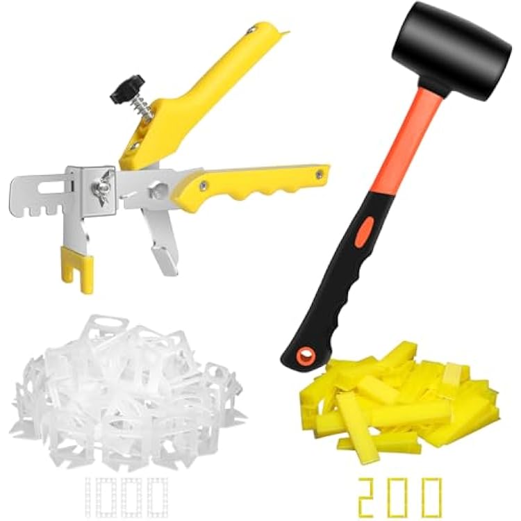 DGSL Tile Leveling System with Rubber Mallet and Tile Plier - 1000-Piece Tile Spacers 116 Inch Tile Clips and 200-Piece Reusable Wedges Tile Leveling Tools for Tiles and Stone Installation