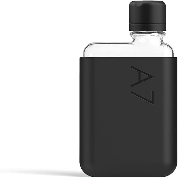 memobottle A7 (Black Ink) Bundle - 6oz (180ml) - Bottle, silicone sleeve & lid | Compact Flat Bottle for Bags & Pockets | BPA Free Tritan | Modern & Minimalist | For Gym, Work & Travel