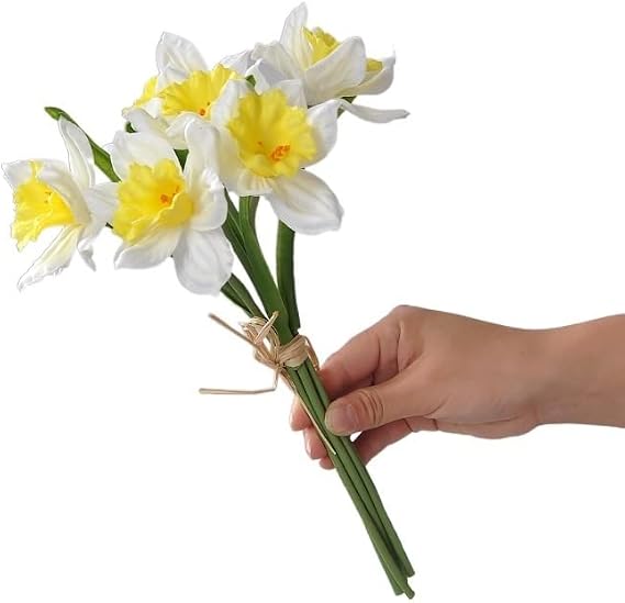 Luxury Narcissus Daffodils Bouquet Real Touch Artificial Flowers Home Hotel Decoration Wedding Bridal Flore White Flower (Color : White Yellow)