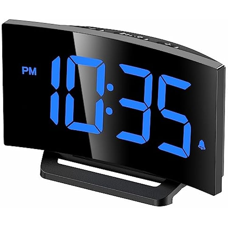 GOLOZA Digital Alarm Clock for Bedrooms, Digital Clock with Modern Curved Design, Conspicuous Blue LED Numbers, 5 Levels BrightnessOff, 2 Volume, 3 Alarm Tones, Snooze, Power-Off Memory, 1224H