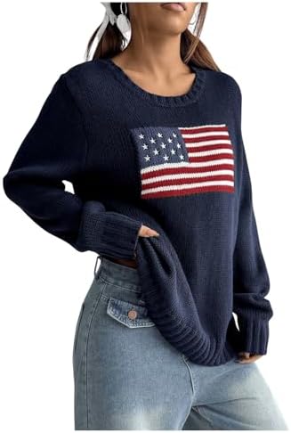 SweatyRocks Women's Flag Pattern Long Sleeve Round Neck Sweater Casual Loose Pullover Sweater