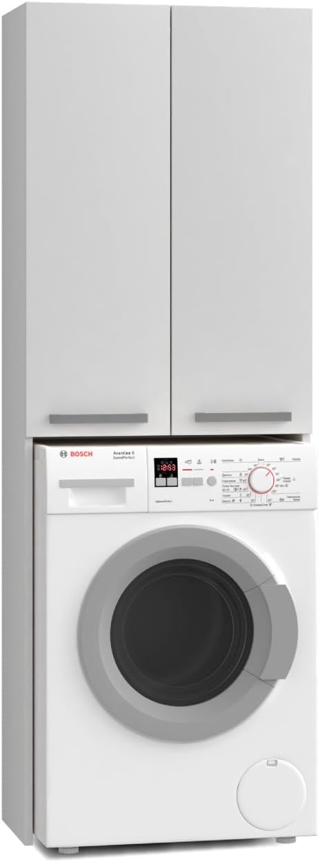 WHATSIZE ENTERPRISE – Pola - White Tall Washing Machine Storage Cabinet – Wooden Laundry Cupboard with Shelves - Organise Essentials & Detergents - Modern Décor Furniture