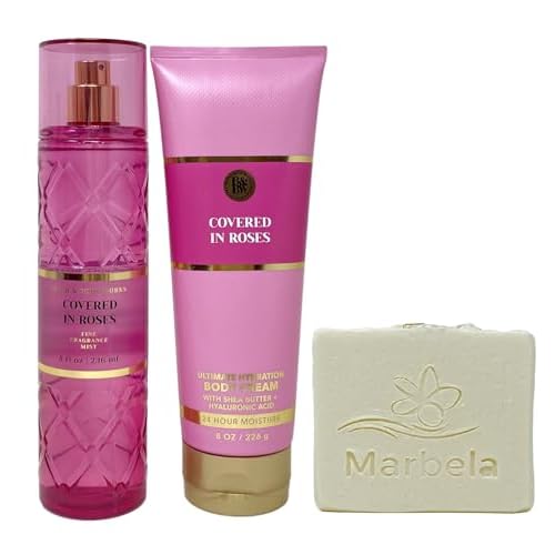 Bath & Body Works Covered In Roses Body Cream and Fragrance Mist Duo Set with a Natural Oats Bar Soap - Full Size