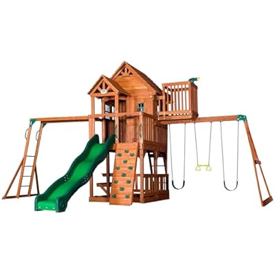 Backyard Discovery Skyfort II Cedar Wood Swing Set with Wave Slide, Raised Clubhouse, Crows Nest, Monkey Bars, Balcony, Belt Swings, Trapeze, Rock Wall, Picnic Table, Sandbox, Ladder, Outdoor Playset