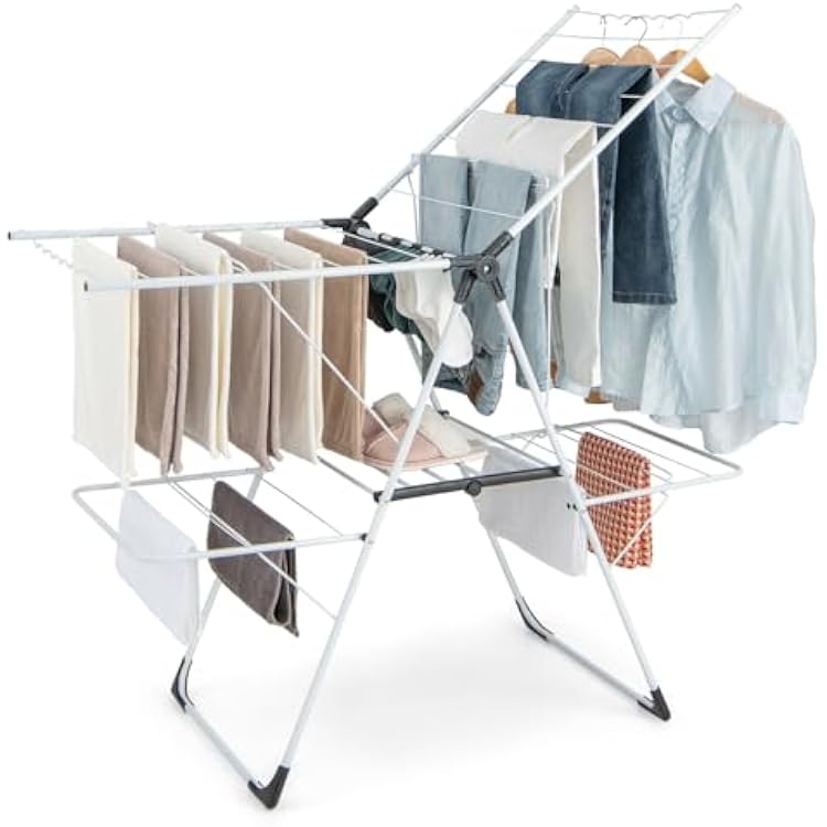 Giantex Clothes Drying Rack, 2-Layer Stainless Steel Foldable Laundry Drying Rack with 6-Level Adjustable Height, Useful Clips, Space Saving Freestanding Folding Collapsible Laundry Drying