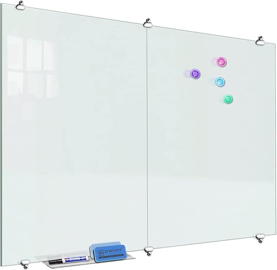 ZHIDIAN 2-in-1 Magnetic Glass White Board 60'' x 48'' Extra Large Splicing Tempered Glass Whiteboard, 4' x 5' Frameless Big Glass Dry Erase White Board for Wall, Office, Home
