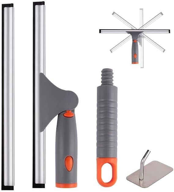 Swivel Shower Squeegee for Glass Doors, All-Purpose Anti-Slip Window Squeegee with 2 Blades, Window Cleaner Tool Bathroom Squeegee for Shower Doors, Tile Shower Walls,Mirrors,Car Windshields