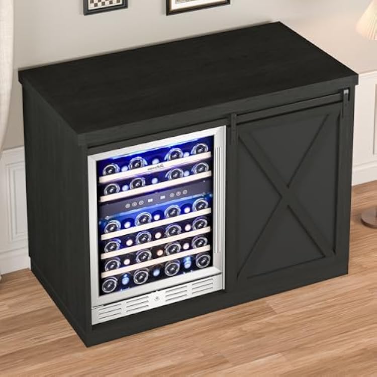 49 Inch Coffee Bar Cabinet with Charge Station, Liquor Cabinet with Fridge Stand, Farmhouse Buffet Sideboard Cabinets for Kitchen, Black