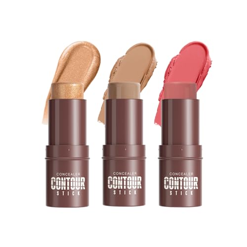 3Pcs Cream Contour Sticks, Shades with Highlighter & Blush & Bronzer Stick, Makeup Contour Stick Set for Sculpt the Cheeks Long Lasting Dewy & Matte Finish Lightweight LIGHT MEDIUM SET-C