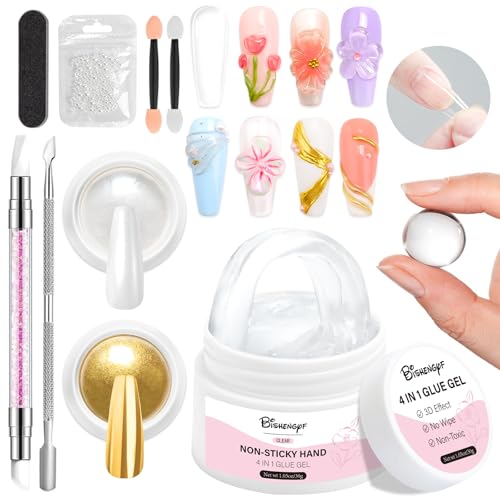 Solid Builder Gel and Chrome Nail Powder Kit BISHENGYF: 4 In 1 No Wipe 3d Sculpting Nail Gel Gold Aurora White Pearl Chrome Nail Powder Clear Non-Sticky Hand Extension Glue for Nail Decoration 30g