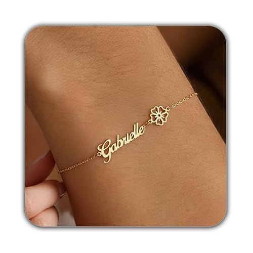 Elemtansy Custom Bracelet with Name and Birth Flower, Personalized Name Bracelets for Women, 18K Gold Plated Adjustable Charm Bracelet Personalized Birthday Gifts for Sister Mom