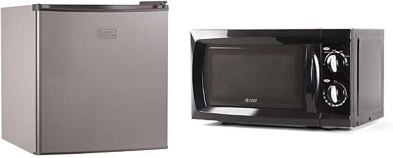 BLACK+DECKER BCRK17V Compact Refrigerator Energy Star Single Door Mini Fridge with Freezer, 1.7 Cubic Ft., VCM, Silver & Commercial Chef Countertop Microwave Oven, 0.6 Cu. Ft, Black